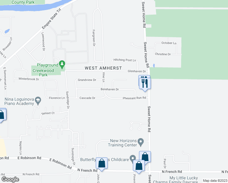 map of restaurants, bars, coffee shops, grocery stores, and more near 105 Berehaven Drive in Buffalo