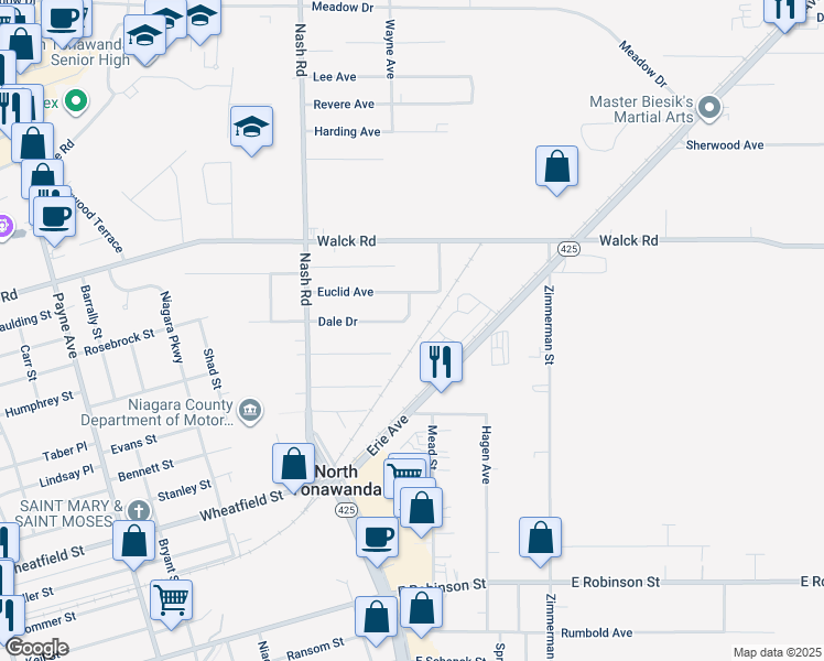 map of restaurants, bars, coffee shops, grocery stores, and more near 101 Dale Drive in North Tonawanda