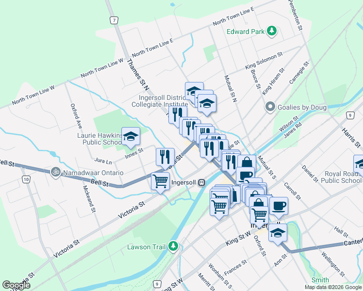 map of restaurants, bars, coffee shops, grocery stores, and more near 131 Thames Street North in Ingersoll