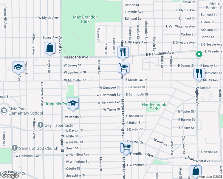 map of restaurants, bars, coffee shops, grocery stores, and more near 128 West Dartmouth Street in Flint