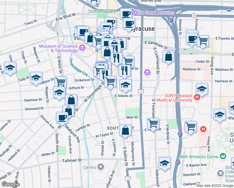 map of restaurants, bars, coffee shops, grocery stores, and more near in Syracuse