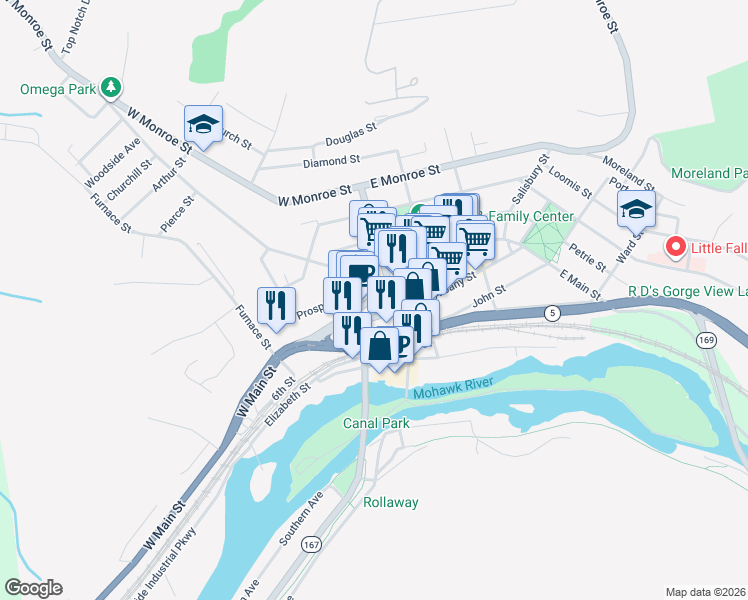map of restaurants, bars, coffee shops, grocery stores, and more near 25 West Main Street in Little Falls
