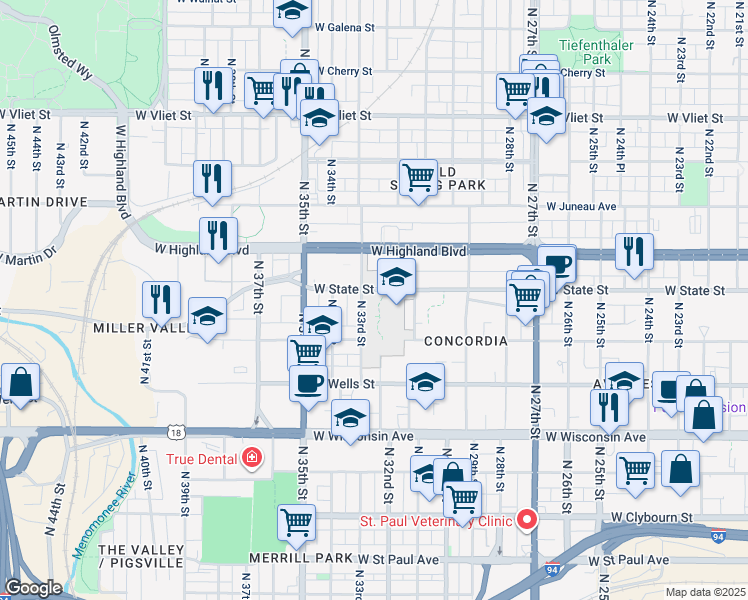 map of restaurants, bars, coffee shops, grocery stores, and more near 3215 West State Street in Milwaukee