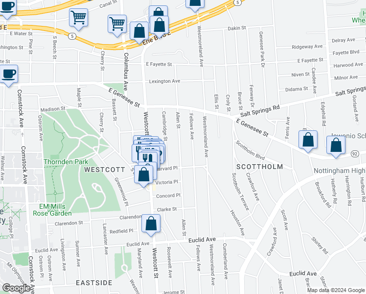 map of restaurants, bars, coffee shops, grocery stores, and more near 515 Allen Street in Syracuse
