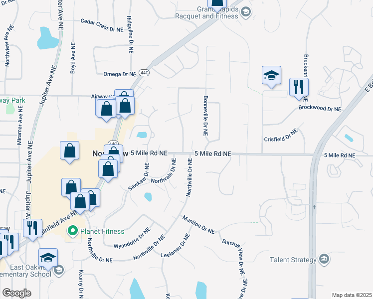 map of restaurants, bars, coffee shops, grocery stores, and more near 2914 Northville Drive Northeast in Grand Rapids