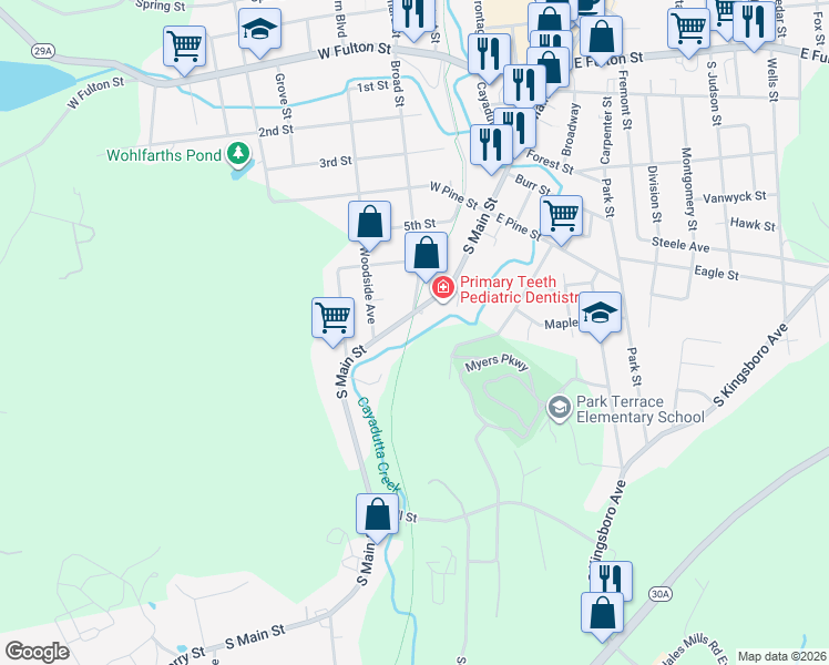 map of restaurants, bars, coffee shops, grocery stores, and more near 243 Fonda, Johnstown & Gloversville Rail Trail (FJ & G Rail Trail) in Gloversville