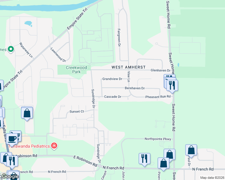 map of restaurants, bars, coffee shops, grocery stores, and more near 183 Berehaven Drive in Buffalo