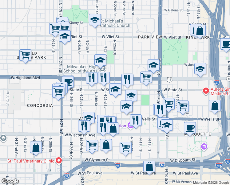 map of restaurants, bars, coffee shops, grocery stores, and more near 2195 West State Street in Milwaukee