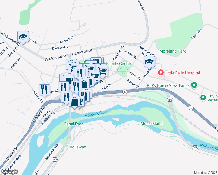 map of restaurants, bars, coffee shops, grocery stores, and more near 591 John Street in Little Falls