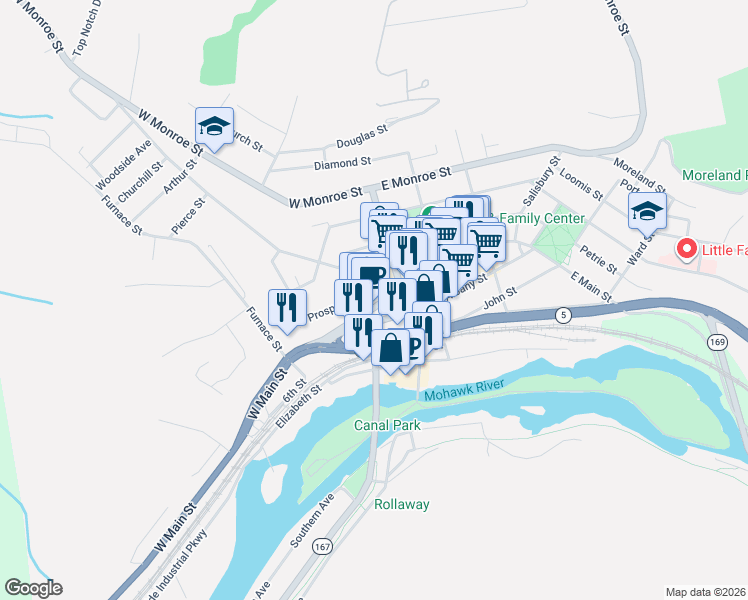 map of restaurants, bars, coffee shops, grocery stores, and more near 22 West Main Street in Little Falls