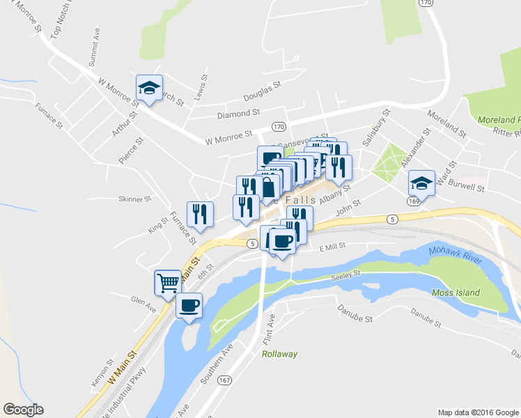 map of restaurants, bars, coffee shops, grocery stores, and more near 22 West Main Street in Little Falls