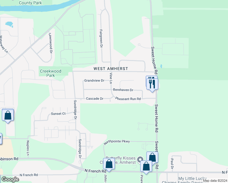 map of restaurants, bars, coffee shops, grocery stores, and more near 142 Pheasant Run Road in Buffalo