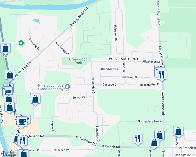 map of restaurants, bars, coffee shops, grocery stores, and more near 110 Cascade Drive in Buffalo