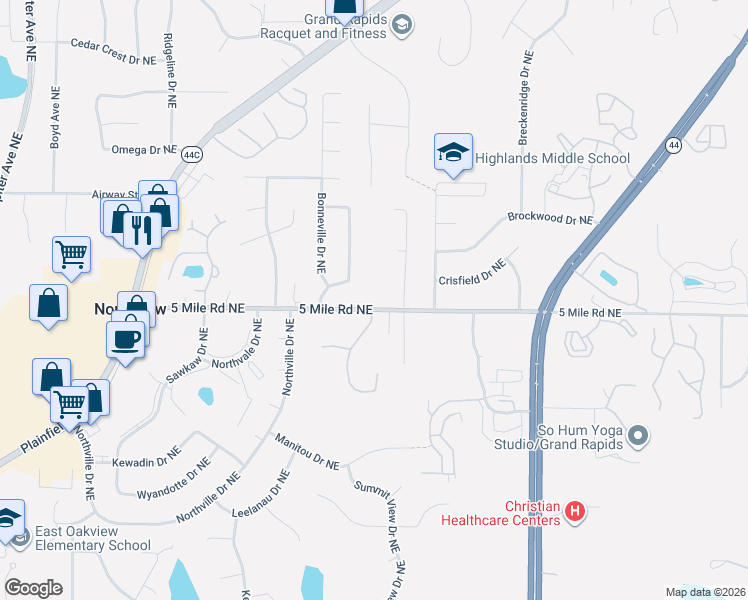 map of restaurants, bars, coffee shops, grocery stores, and more near 2896 5 Mile Road Northeast in Grand Rapids