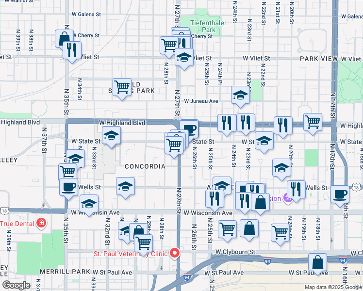 map of restaurants, bars, coffee shops, grocery stores, and more near in Milwaukee