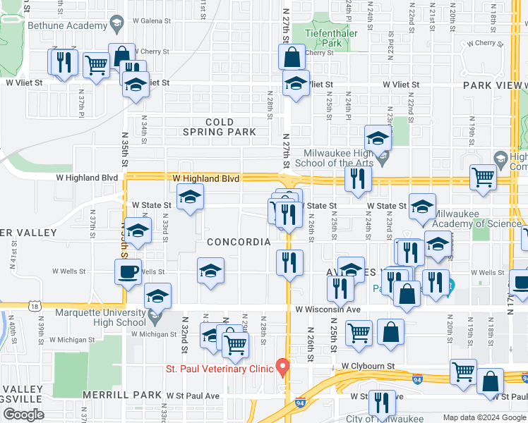 map of restaurants, bars, coffee shops, grocery stores, and more near 2819 West Richardson Place in Milwaukee