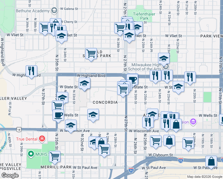 map of restaurants, bars, coffee shops, grocery stores, and more near 2819 West Richardson Place in Milwaukee