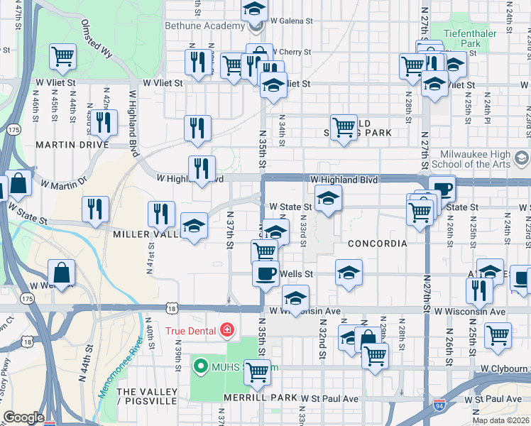 map of restaurants, bars, coffee shops, grocery stores, and more near 932 North 35th Street in Milwaukee
