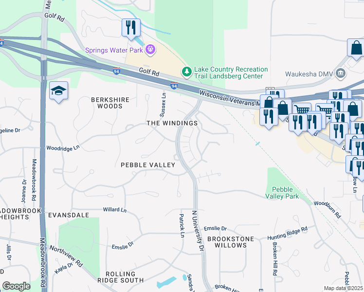map of restaurants, bars, coffee shops, grocery stores, and more near 2709 North University Drive in Waukesha