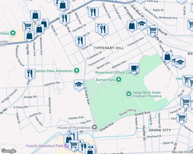 map of restaurants, bars, coffee shops, grocery stores, and more near 531 Whittier Avenue in Syracuse