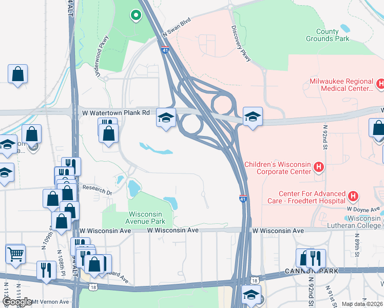 map of restaurants, bars, coffee shops, grocery stores, and more near 10100 West Innovation Drive in Wauwatosa