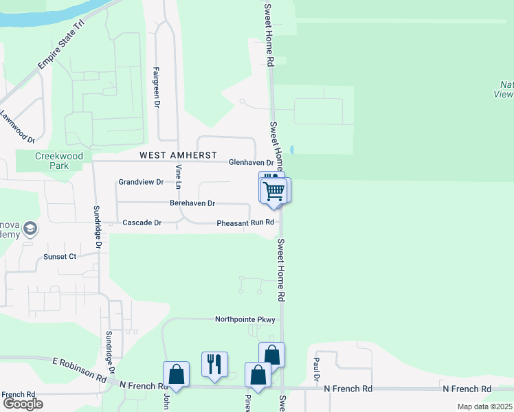 map of restaurants, bars, coffee shops, grocery stores, and more near 20 Berehaven Drive in Buffalo