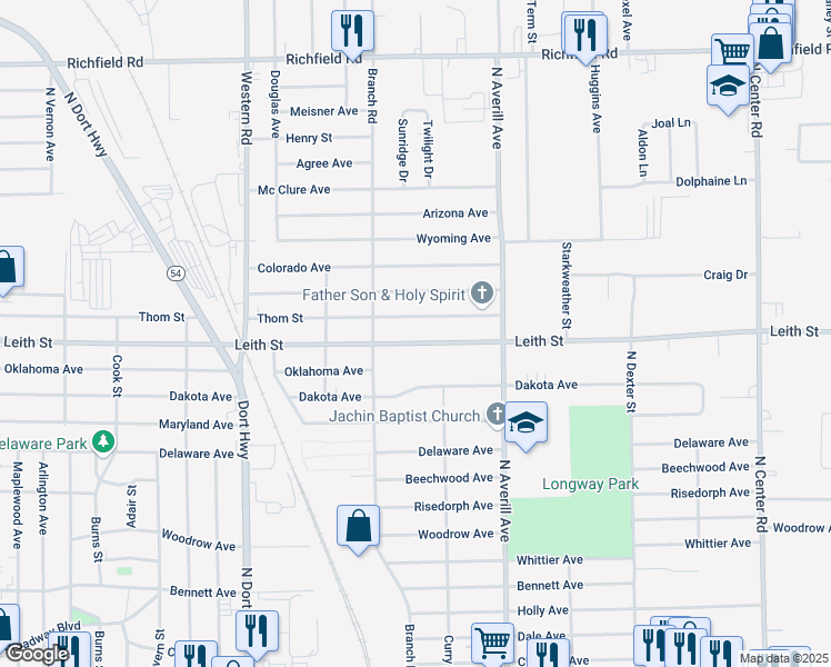 map of restaurants, bars, coffee shops, grocery stores, and more near 3137 Leith Street in Flint