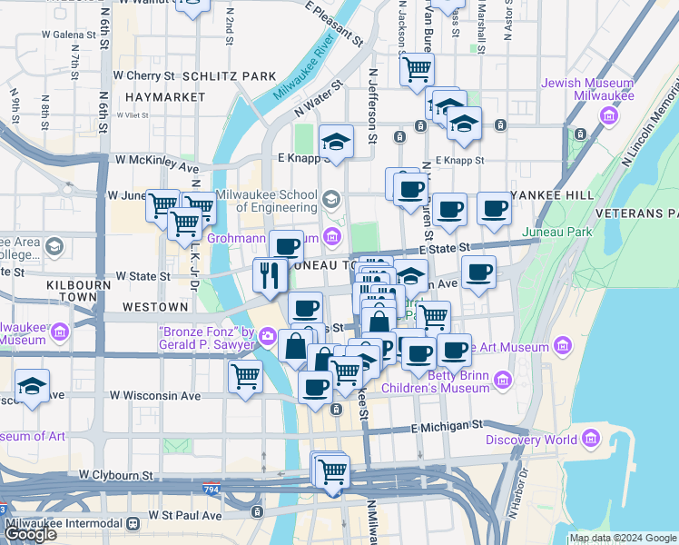map of restaurants, bars, coffee shops, grocery stores, and more near 330 East Kilbourn Avenue in Milwaukee