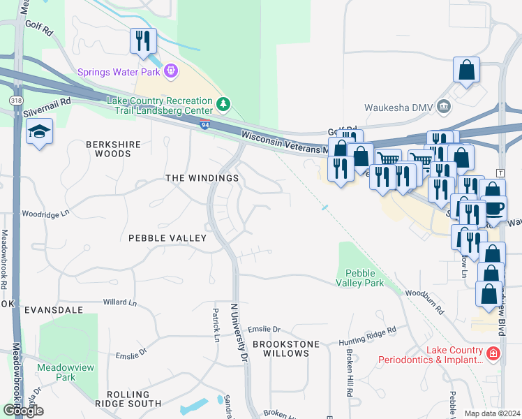 map of restaurants, bars, coffee shops, grocery stores, and more near 2725 North University Drive in Waukesha