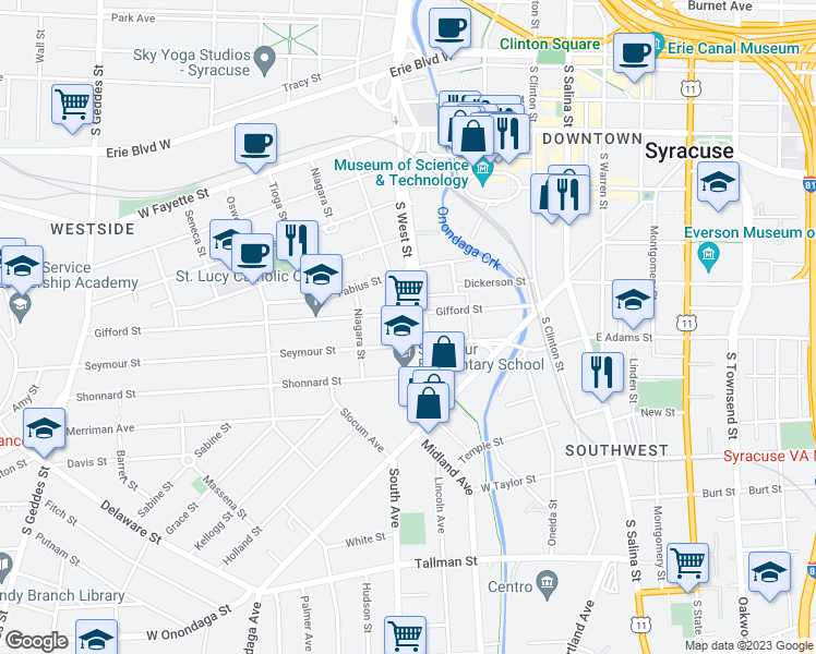 map of restaurants, bars, coffee shops, grocery stores, and more near 307 Gifford Street in Syracuse