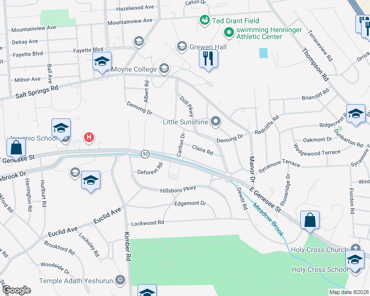 map of restaurants, bars, coffee shops, grocery stores, and more near 102 Claire Road in Syracuse