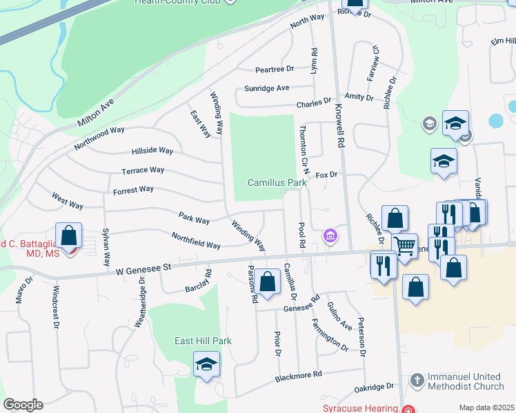 map of restaurants, bars, coffee shops, grocery stores, and more near 106 Park Way in Camillus