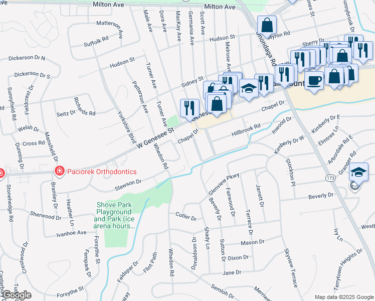 map of restaurants, bars, coffee shops, grocery stores, and more near 113 Edgewood Road in Syracuse