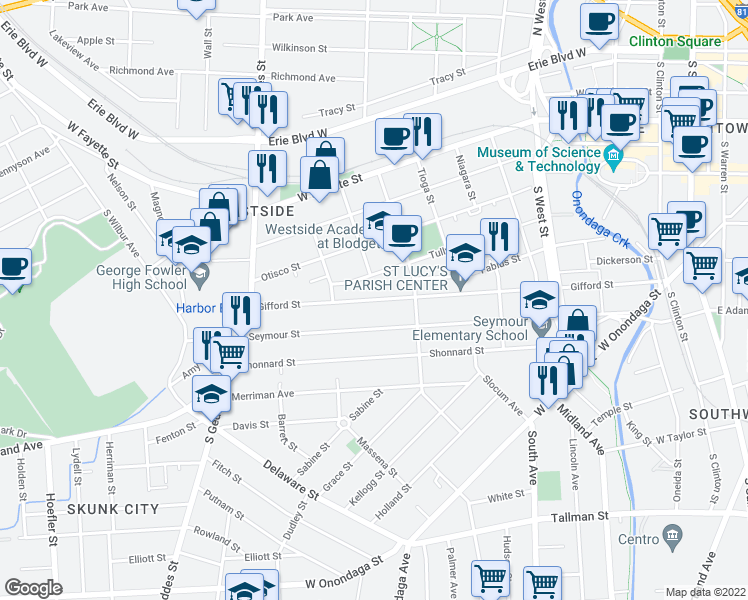 map of restaurants, bars, coffee shops, grocery stores, and more near 527 Gifford Street in Syracuse