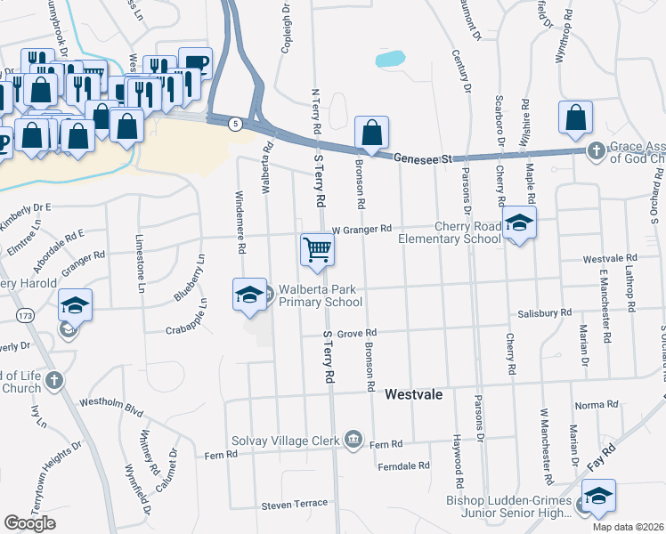map of restaurants, bars, coffee shops, grocery stores, and more near 410 Clover Road in Syracuse