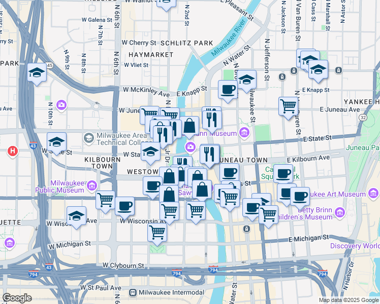 map of restaurants, bars, coffee shops, grocery stores, and more near North Riverwalk Way in Milwaukee