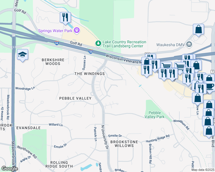 map of restaurants, bars, coffee shops, grocery stores, and more near 2731 North University Drive in Waukesha