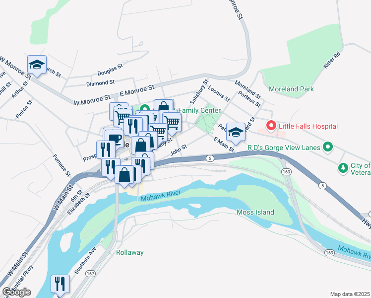 map of restaurants, bars, coffee shops, grocery stores, and more near State Highway 167 in Little Falls