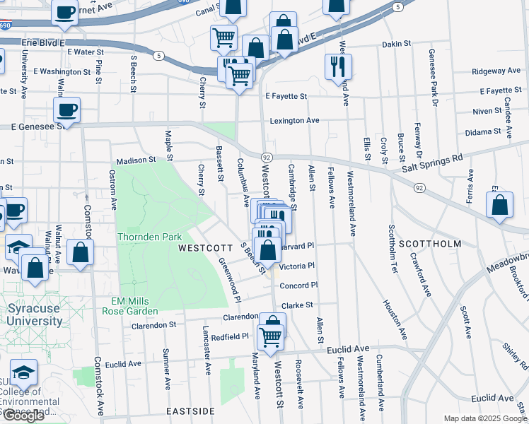 map of restaurants, bars, coffee shops, grocery stores, and more near 453 Westcott Street in Syracuse