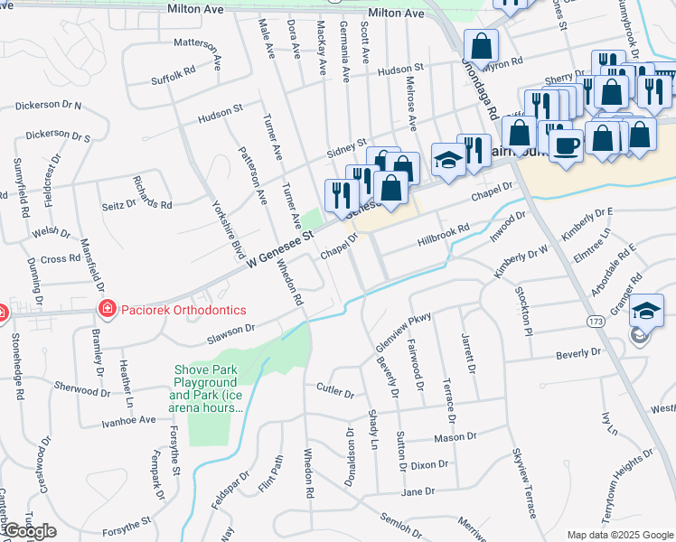 map of restaurants, bars, coffee shops, grocery stores, and more near 113 Edgewood Road in Syracuse