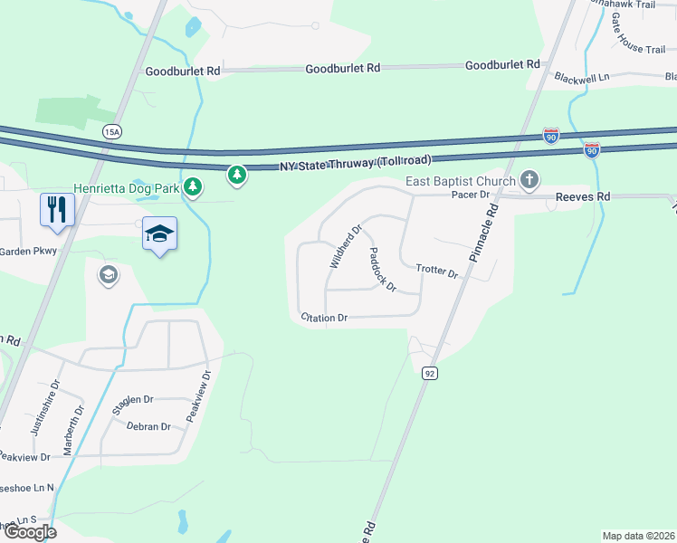 map of restaurants, bars, coffee shops, grocery stores, and more near 95 Wildherd Drive in Henrietta