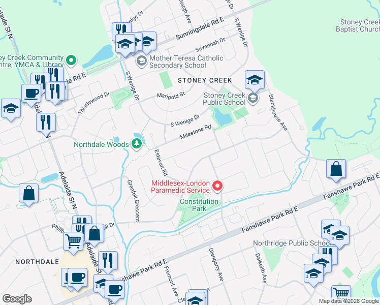 map of restaurants, bars, coffee shops, grocery stores, and more near 786 Grenfell Drive in London