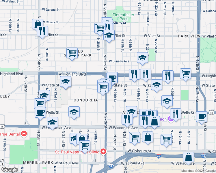 map of restaurants, bars, coffee shops, grocery stores, and more near in Milwaukee