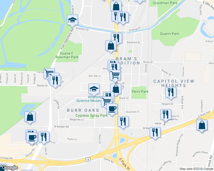 map of restaurants, bars, coffee shops, grocery stores, and more near 824 Ridgewood Way in Madison