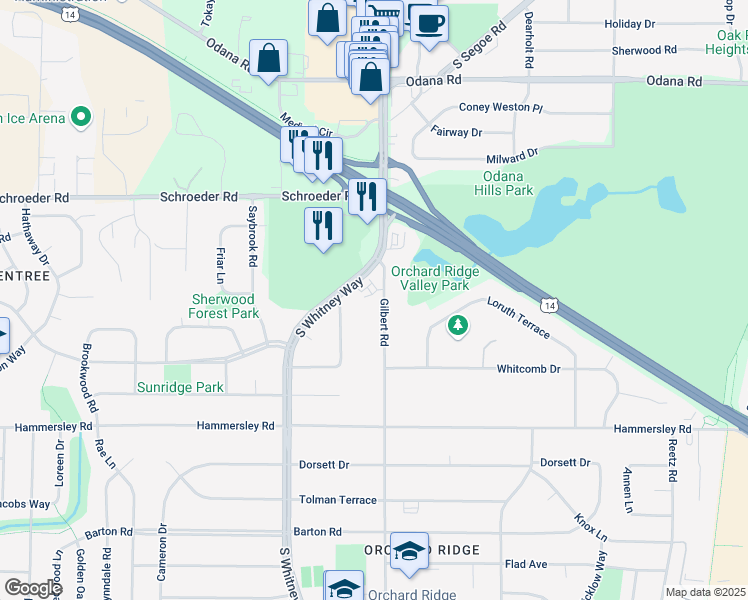 map of restaurants, bars, coffee shops, grocery stores, and more near 1102 Gilbert Road in Madison