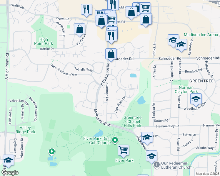 map of restaurants, bars, coffee shops, grocery stores, and more near 1026 Gammon Lane in Madison