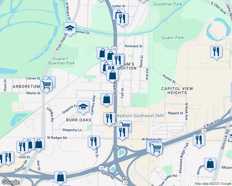 map of restaurants, bars, coffee shops, grocery stores, and more near 2047 South Park Street in Madison