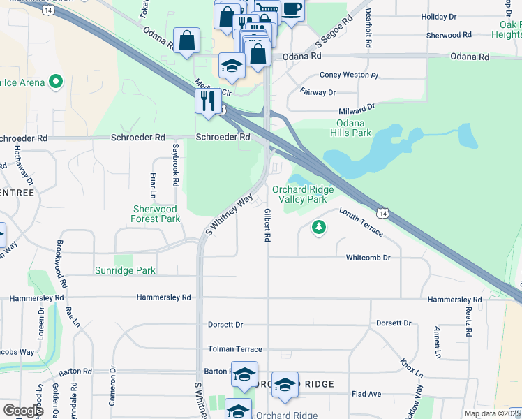 map of restaurants, bars, coffee shops, grocery stores, and more near 1102 Gilbert Road in Madison