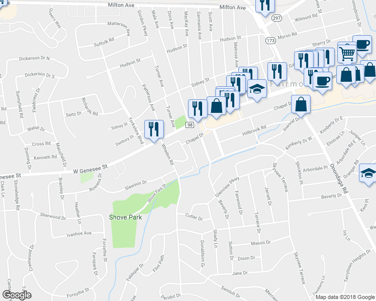 map of restaurants, bars, coffee shops, grocery stores, and more near 102 Edgewood Road in Syracuse