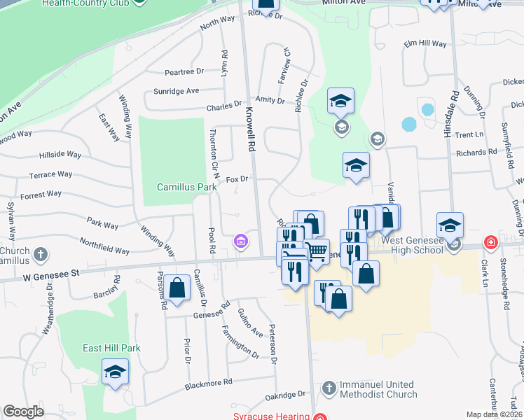 map of restaurants, bars, coffee shops, grocery stores, and more near 9 Richlee Drive in Camillus